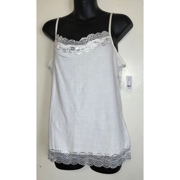 New York & Company Tank Camisole White Top L Silver Lace Adjustable Straps NWT - Picture 1 of 13